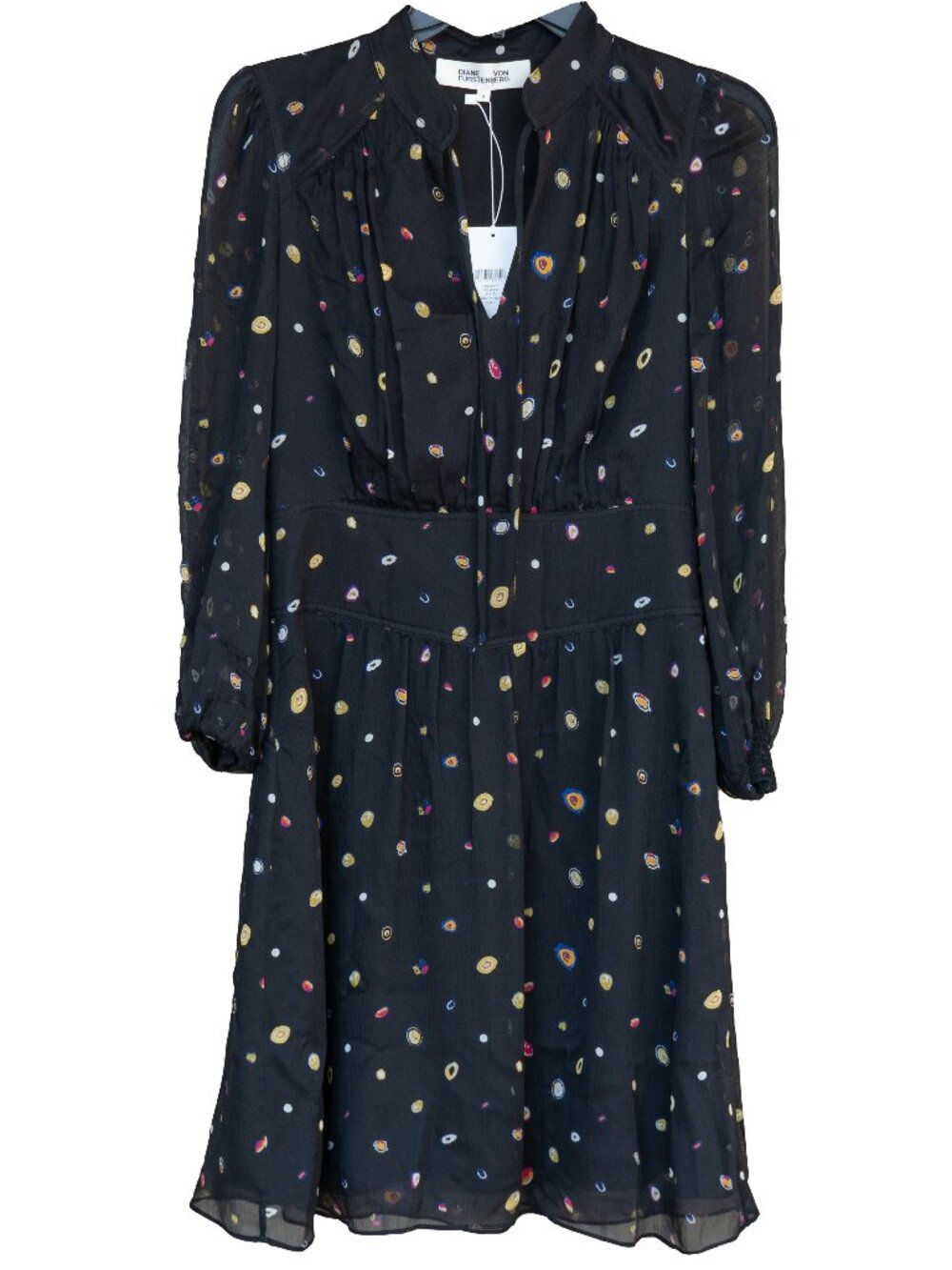 DVF | 100% Silk Dress Leena Sheer Pleated Polka Dot High Neck Long Sleeve Retro
